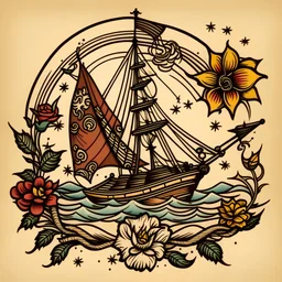 Traditional Old School Tattoo Design featuring a Guitar, flowers, the Sun, a Compass, and a Sailboat sailing over the sea waves, simple and small, Tattoo Art by Sailor Jerry