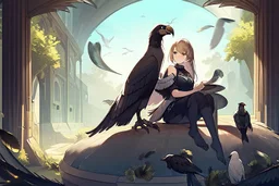 Девочка , птичий клюв ,птичий хвост , перья , домик , сидит