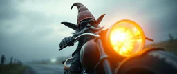 style John Atkinson Grimshaw,3d airbrush render, cut out darkling slender gnome on huge chopper bike with bright aura , pinhole cam, airbrush 3d rendering, torn edges on helmet visir border