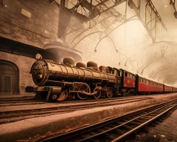 landscape of a vintage train pulling into a station, hogwarts express, platfrom 9 3/4, dynamic lighting, dynamic movement, DSLR, panorama, wide-angle lens, perspective