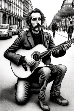 One single mature human, dog sitting beside, playing guitar in the street , Vienna, friendly, model style, hyper realistic, extremely accurate, delicate, extremely detailed, Graphic novel style, wide-angle, open aperture, superfine pencil