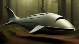 spaceship shaped like a flatfish, in a forest clearing