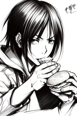 Sketch of Mikasa from attack on titan eating a burger.