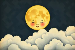 A vintage children’s book style moon with a kind face, peeking out from behind drifting clouds