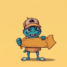 cartoon monster wearing a ballcap and T-shirt holding an arrow sign with handle, on solid color background