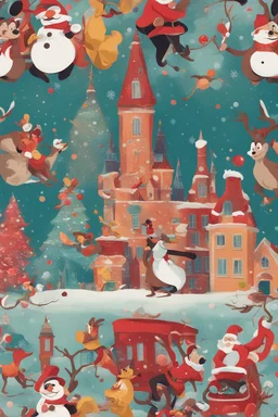 Christmas theme, joyful and vibrant colours, disney style