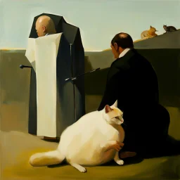 UN conference,a cat and human flesh-like surgical instruments and universe-like a pigeon and neuralink, surrealism,minimalism,Painting By Adrian Ghenie, Rene Magritte, Salvador Dali, Lucian Freud