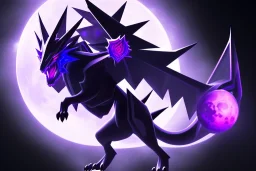 legendary pokemon. Dark type. Mythical. Chaos. Nightmares. Black and purple colors. intimidating. moon. night. God. big beast. creature.