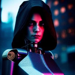 fullbody portrait,beautiful female robot,ominous, intense stare, sad eyes, post-apocalyptic in a cyberpunk city, realistic, intricate detail, sci-fi fantasy style, volumetric lighting, particles, highly detailed ,cinamatic , deep colours,8k, by Caravaggio