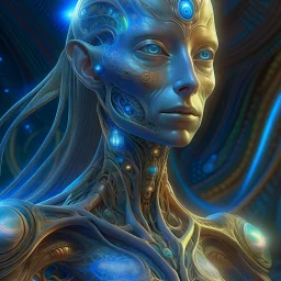 gorgeous female humanoid alien, slender muscular warrior, looking over shoulder at the sky, tentacles, coper zinc orichalcum jewelry and piercings, beautiful face, mesmerizing starry eyes, smooth translucent skin, hourglass, size DD. , DeepDream-generated image depicting …