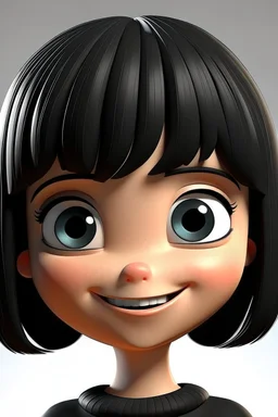 3D Cute girl perfect big eyes ,smiley with bob hair ,medium black with bangs