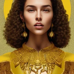 movie poster of conely with curly hair and crystal necklace trying dress focus on upper body and face, yellow background, bushy eyebrows