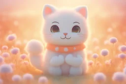 Sign: "You are a blessing"! composition, Against a light cracked holographic marble background, a cute chibi plushy fluffy knitted and embroidered cat on a flowerfield, love and heart, mist and fog in sunshine, drawn in orange glowing neon lines. The cracks in the background are golden. Ethereal, cinematic postprocessing.