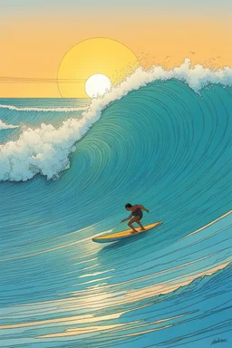 [surf illustration by Moebius] À l’aube, je me lève, Vers La Piste, la planche sous le bras, Sur la vague, je me lève aussi, Une, deux, trois fois, je vole.