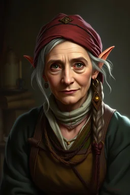 npc portrait of a half elf, older, seamstress