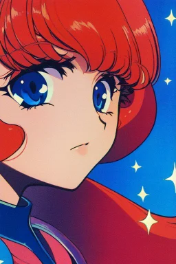 1girl, retro anime, 80's, redhead,Portrait of beautiful woman, sparkling dark blue eyes,