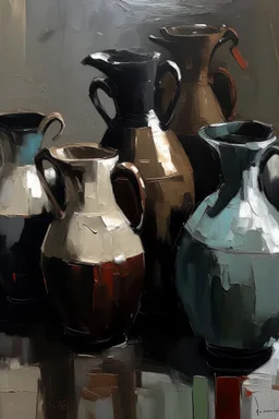 Thick impasto Oil painting of Vases and jugs in the style of Jeremy Mann