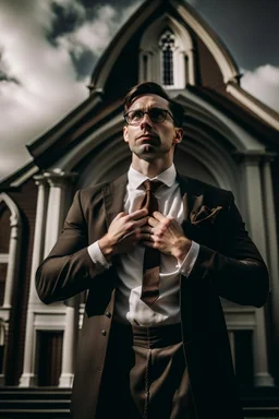 man dressed in church dress clothes opening his shirt like Clark Kent and bearing his chest in front of a church