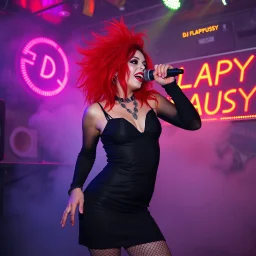 A MJ performing at dance club, her name MJ FLAPYPUSY and looks crazy, crazy red hair with black dress. Neon lights and smog, DJ FLAPYPUSY SIGN ON WALL
