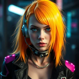 a pretty cyberpunk girl, cyborg, bright hair