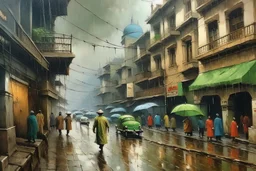 Oil painting of old Pakistani city lahore rainy day