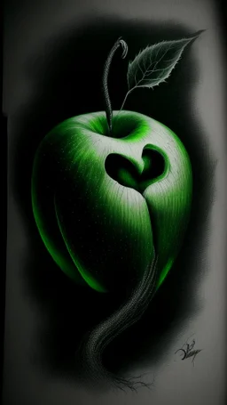 pencil drawing of poison apple. Spooky, scary, halloween, realistic, black paper, green poison