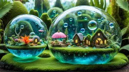 photo from of miniature creatures living in individual floating transparent bubbles. The gallery of bubbles features fantastical landscapes, each one unique and intriguing. In one bubble, a village of extraterrestrial beings thrives, while another features a mystical garden filled with fairies. Another bubble live elves, in another bubble a tropical paradise with dinosaurs. There are bubbles with alien planets, whimsical fairy-tale landscapes, icy land and futuristic city.