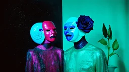 The Watchers with blue snails and black rose of the Empty Room, augmented reality, pantomim, masks, eerieland, abstract surrealism, glitter, calotype combineted transparent burgundy and pastel mint color, tintype , performance art