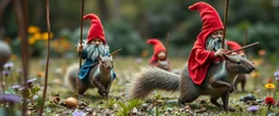 depth of field, halo, close up on blue and red clothed gnomes riding squirrels with lances in garden of eden in the style of Escher and Giger