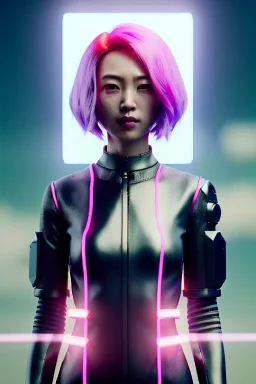 Waist up shot portrait, Asian cyborg woman :: symmetry photography, cyberpunk, pink hair, makeup, long line eye, light iris, :: latex coat, wires and circuits, pink, white, black :: cinematic, Ultra realistic, dark scene, soft color, highly detailed, unreal engine 5, RTX, ultra detail, 3d, finely drawn, high definition.