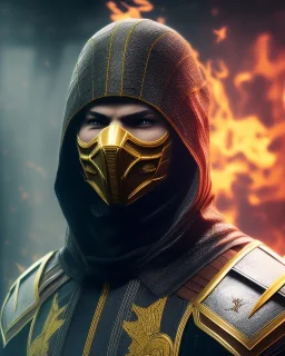 Scorpion, mask cover whole face and hood , mortal kombat 11, highly detailed, hyper-detailed, beautifully color-coded, insane details, intricate details, beautifully color graded, Cinematic, Color Grading, Editorial Photography, Depth of Field, DOF, Tilt Blur, White Balance, 32k, Super-Resolution, Megapixel, ProPhoto RGB, VR, Half rear Lighting, Backlight, non photorealistic rendering