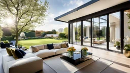 Beautiful modern luxurious minimal domestic living room, floor-to-ceiling sliding windows look out onto attractive flower gardens and fruit trees. Beautiful delicate roof-lantern adds extra daylight and view of the sky. Room is light, comfortable, peaceful, welcoming and tasteful. The home was recently the winner of a national architecture award. Afternoon, springtime, blue sky with small clouds.