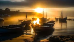 Fishermen’s boats anchored around a Scottish harbour near a fishing village, fishermen putting fishing nets on their boats, mist covering the distance, the moment the sun rises, beautiful romantic photograph, excellent composition, atmospheric, realistic