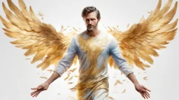 white background, 35-year-old man angel, fine rendering, high detail, 8K, bright colors, HD photography, gold, flying feathers, double exposure