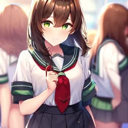 Clear focus, High resolution, short dark brown fluffy hair, green eyes, wearing a sailor uniform, red tie, yandere