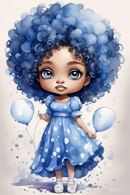 A watercolor fairytale style of a chibi cartoon wearing a blue maxi dress and white sandals. Prominent make up with hazel eyes. Highly detailed tight curl afro. Background of white and blue ballons everywhere.