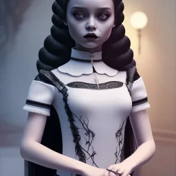 Jenna ortega black dress,soft goth libstick, wednesday addams family make up, long hair, brad double wig, addams family style, highly detailed, volumetric lighting, unreal engine, 8k