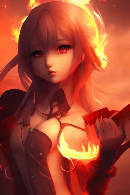 3d Anime girl close and personal but beautiful in fire background