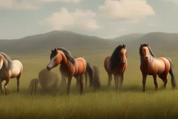 illustration horses of different colors in a field from afar