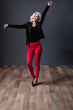 full body of very beautiful lady wearing pants and jacket,white curvy hair ,standing idle happy pose in studio pretty makeup