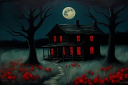 Creepy trees, creepy night, moon, cabin, red flowers, horror, philip wilson steer impresionism painting