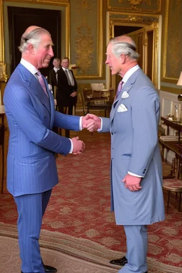The Prince of Wales in traditional dress shakes hands with a guest in a blue suit, drawing room of St James's Palace, during a reception