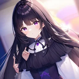 Clear focus,High resolution, black long fluffy hair, long fluffy bangs, purple eyes, wearing a cute outfit, wearing a short skirt