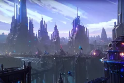 City crystalline towers magic airship fantasy bridge