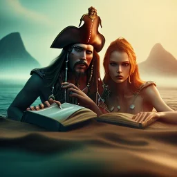 close up of two pirate actors on beach, water, reflection, book cover, fantasy art, misty, raytracing