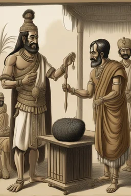 A Indian blacksmith with a Indian king standing in front of him and a bag of sandalwood on one side, the king pointing towards the Bag.