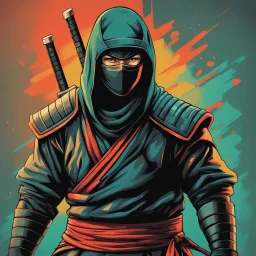 Dibujo arte retro de un Ninja calidad ultra, hiperdetallado, 8k, colores complementarios, cuerpo completo