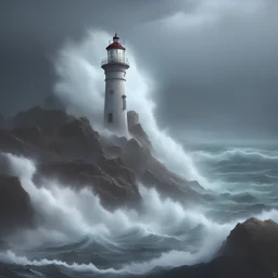 strong waves crashing down on a lighthouse, artstation