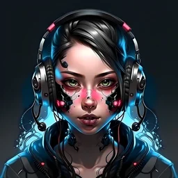 Front face realistic girl wearing mask with headphones cyberpunk