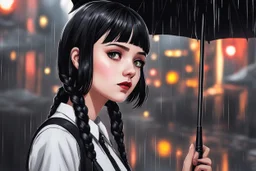 wednesday addams with short black hair in 8k 2D anime realistic drawing style, Gothic them, neon effect, close picture, rain, highly detailed, high details, detailed portrait, masterpiece,ultra detailed, ultra quality